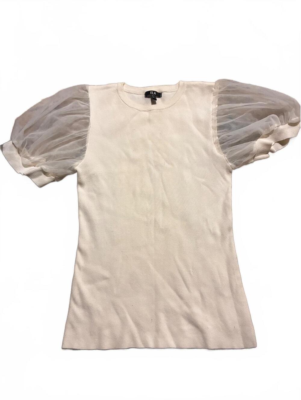 ELA Ivory Knit Top with Sheer Puff Sleeves, Size M